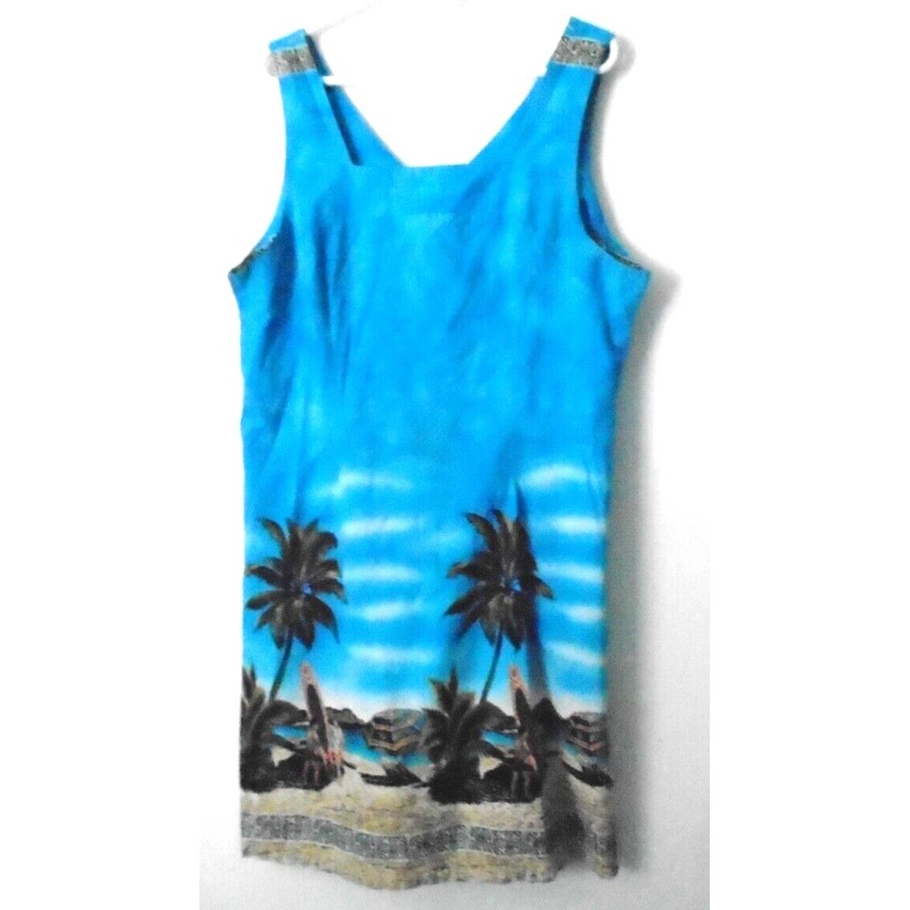 Vintage Hawaiian Dress 2XL "Island Aloha Wear" Sheath Beach Scene Wrap Sleeveles